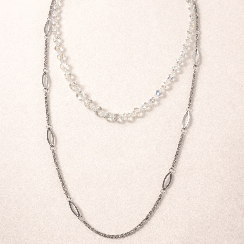Vintage Y2K 90s Silver & Crystal Layering Necklace Set Beaded  + Long Chain Duo